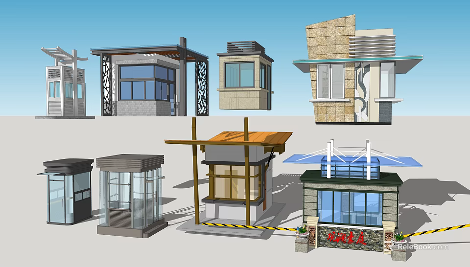 Various Modern Security Booth Designs With Glass Metal And Stone Materials 3d model 
