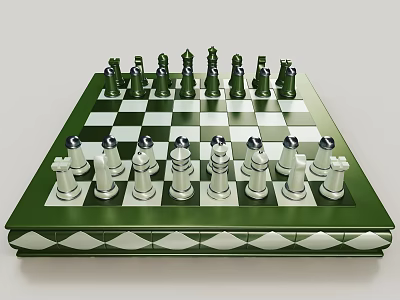 Traditional Chess Board Game Setup With Green White Pieces On Black White Checkerboard 3d model