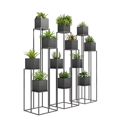 Bonsai Potted Plants with Black Pots on Metal Stands Various Green Plants in Tiered Arrangement 3d model
