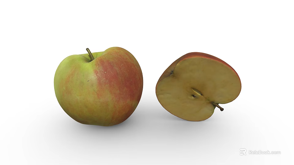 Whole Red and Green Apple with Sliced Half on White Background 3d model 