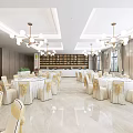 Banquet Hall Interior With Chandeliers Round Tables White Tablecloths And White Chairs With Yellow Bows