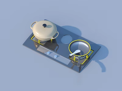 Kitchen Stove Setup With Pot Lid Frying Pan And Control Knobs 3d model
