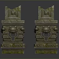 Scenic View Of Ancient Stone Pillars With Lion Head Decorations Covered In Moss