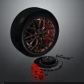 Car Wheel With Red Rim Black Tire Brake Disc And Nearby Tools