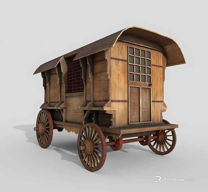 Vintage Wooden Carriage With Classic Design Lattice Windows And Wooden Doors On Wheels 3d model 