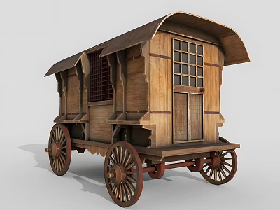 Vintage Wooden Carriage With Classic Design Lattice Windows And Wooden Doors On Wheels 3d model