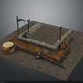 Rustic Wooden Outdoor Cooking Workbench Featuring Grill Wok Log Bucket And Tools