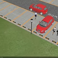 Hanjiang Auto Parking Lot With Red Cars Walking Pedestrians Yellow Lines And Street Lamp