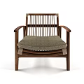 Natural Wooden Frame Lounge Chair With Slatted Backrest And Upholstered Seat Cushion