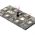 Elegant Dining Table Setting With Ceramic Tableware Gold Rimmed Plates And Marble Tabletop 3d model