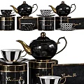 Luxurious Black Dinnerware Set With Patterned Teapots Cups Saucers And Gold Accents 3d model