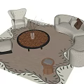 Curved Sofa And Round Coffee Table Set With Accent Chairs Patterned Rug And Decorative Vase