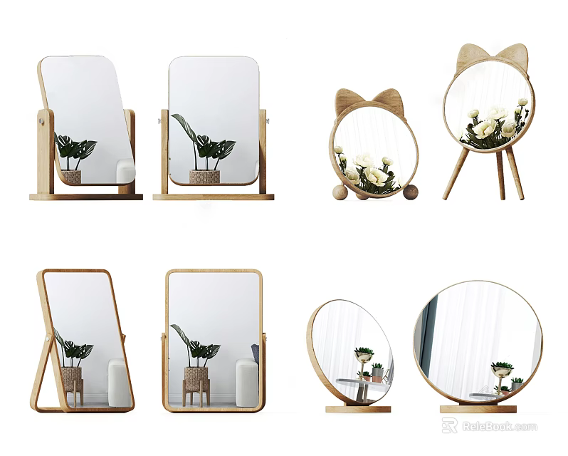 Various Stylish Mirrors With Wooden Stands Square Round And Cat Ear Shapes 3d model 