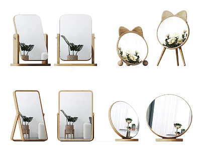 Various Stylish Mirrors With Wooden Stands Square Round And Cat Ear Shapes 3d model