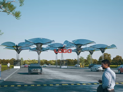 Contemporary Entrance Gate With Solar Panel Canopies Red Signage And Moving Vehicles 3d model