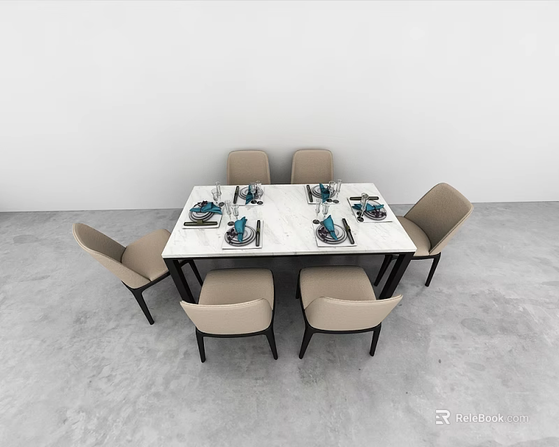 Modern Dining Table Set With Marble Top Six Beige Chairs And Dinnerware 3d model