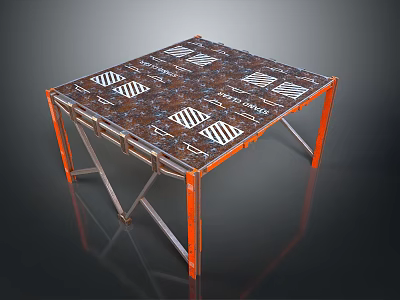 Modern Industrial Style Table With Orange Metal Legs And Geometric Patterned Rustic Top 3d model