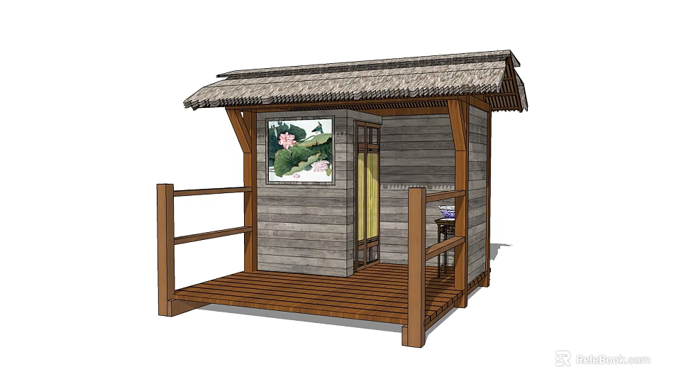 Wooden Cabin With Thatched Roof Porch Lotus Painting And Wooden Railings 3d model 