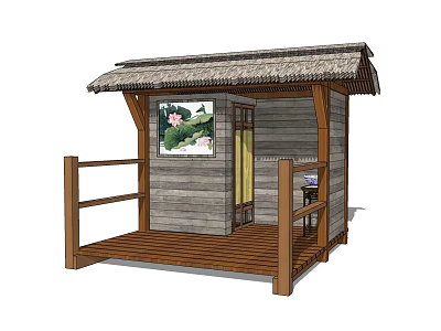 Wooden Cabin With Thatched Roof Porch Lotus Painting And Wooden Railings 3d model