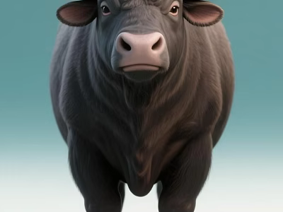 Black Cow Standing Front View Against Light Blue Gradient Background 3d model