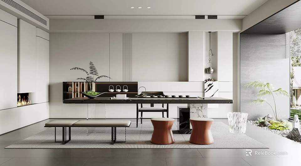 Modern Minimalist Tea Room Interior With Table Stools And Plants 3d model
