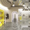 Modern Clothing Store Interior With Rotating Racks Silver Decor Yellow Accents And Mirrored Floors