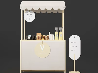Minimalist Food Stall With Scalloped Awning Menu Closed Signs And Displayed Products 3d model