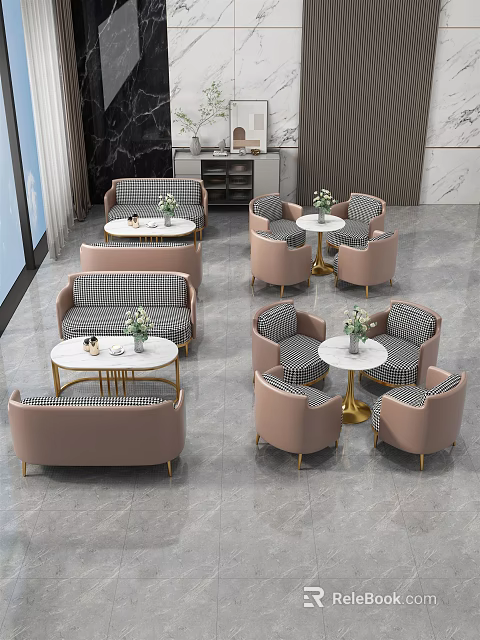 Modern Lounge Table and Chair Set with Pink Chairs Checkerboard Pattern White Tables Gold Legs 3d model 