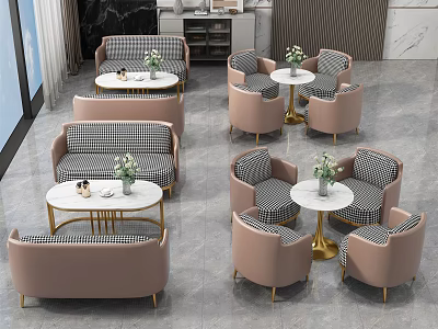 Modern Lounge Table and Chair Set with Pink Chairs Checkerboard Pattern White Tables Gold Legs 3d model