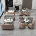 Modern Lounge Table and Chair Set with Pink Chairs Checkerboard Pattern White Tables Gold Legs