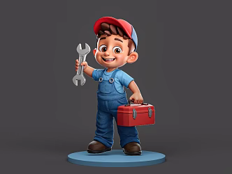 European and American wind repairman boy wrench professional animation character cartoon character hand-held photo board 3d model