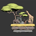 Low Poly Safari Animals Featuring Giraffe Elephant Rhinoceros Deer With Green Tree On Yellow Ground