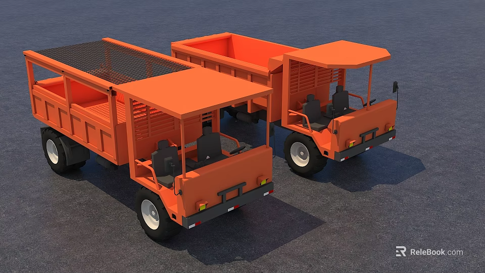 Orange Functional Dump Trucks With Open Cargo Beds Cabins And Tires Parked On Gray Surface 3d model 
