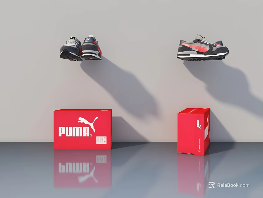 PUMA Sports Shoes Hanging On Wall With Red Branded Boxes And Reflective Floor 3d model 