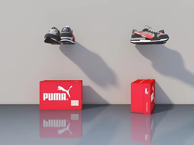 PUMA Sports Shoes Hanging On Wall With Red Branded Boxes And Reflective Floor 3d model