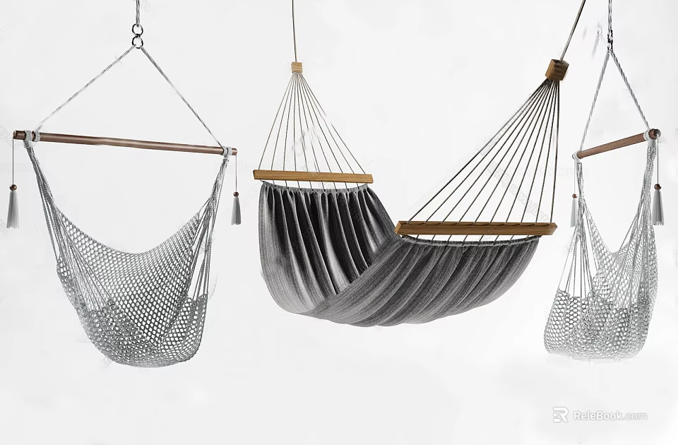 Stylish Mesh and Velvet Hammock Chairs with Wooden Frames for Indoor Use 3d model 