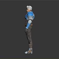 3D Male Character Model With White Hair Blue Armor And Brown Outfit Standing