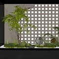 Tranquil Indoor Landscape With Bamboo Green Plants Stones White Pebbles And Lattice Background Lighting