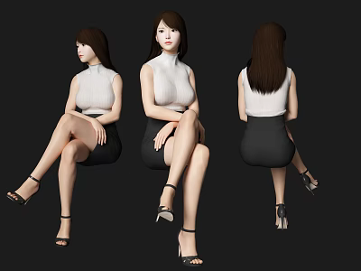 Woman In White Sleeveless Top And Black Short Skirt Sitting With High Heels 3d model