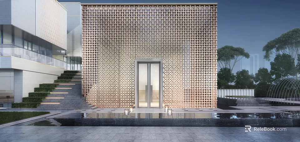 Modern Storefront Facade With Golden Perforated Panels Glass Doors Stone Steps And Water Feature 3d model 