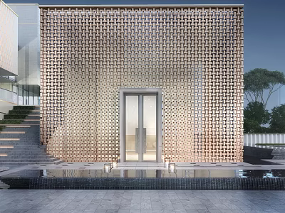 Modern Storefront Facade With Golden Perforated Panels Glass Doors Stone Steps And Water Feature 3d model