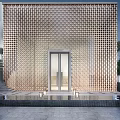Modern Storefront Facade With Golden Perforated Panels Glass Doors Stone Steps And Water Feature