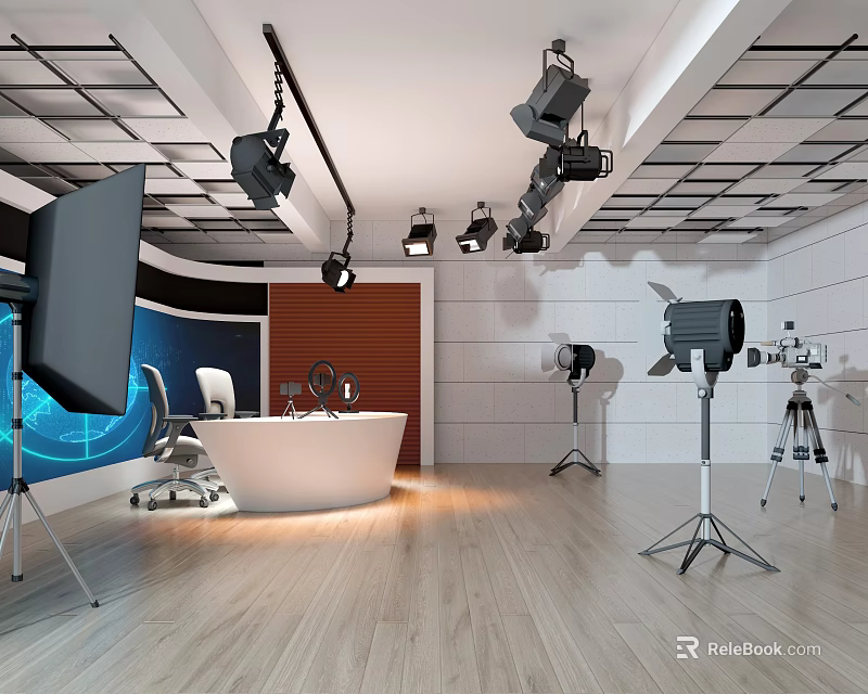 Modern Public Office Space Featuring White Curved Desk Chairs Lighting Equipment And Wooden Flooring 3d model 