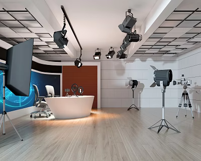 Modern Public Office Space Featuring White Curved Desk Chairs Lighting Equipment And Wooden Flooring 3d model