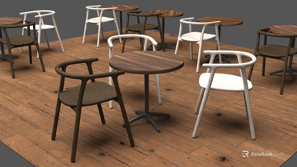 Modern Dining Chairs In White And Dark Colors With Wooden Round Tables Interior 3d model 