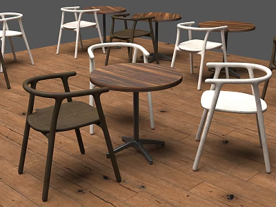 Modern Dining Chairs In White And Dark Colors With Wooden Round Tables Interior 3d model
