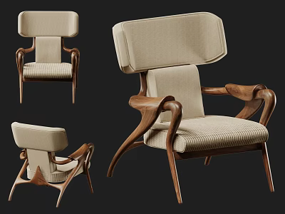 Modern Leisure Chair With Curved Wooden Armrests And Beige Fabric Upholstered Seat Backrest 3d model