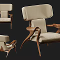 Modern Leisure Chair With Curved Wooden Armrests And Beige Fabric Upholstered Seat Backrest
