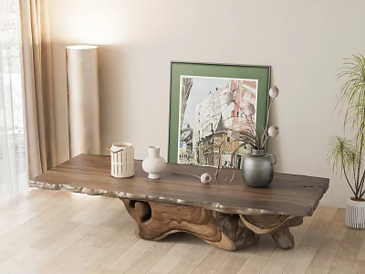 Wooden Tea Table With Natural Texture Green Plant Picture Frame Vase Decorations In Living Room 3d model