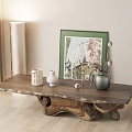 Wooden Tea Table With Natural Texture Green Plant Picture Frame Vase Decorations In Living Room